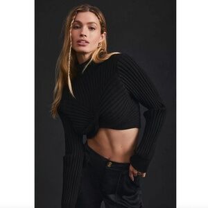 Black Cropped Ribbed Knit Sweater
